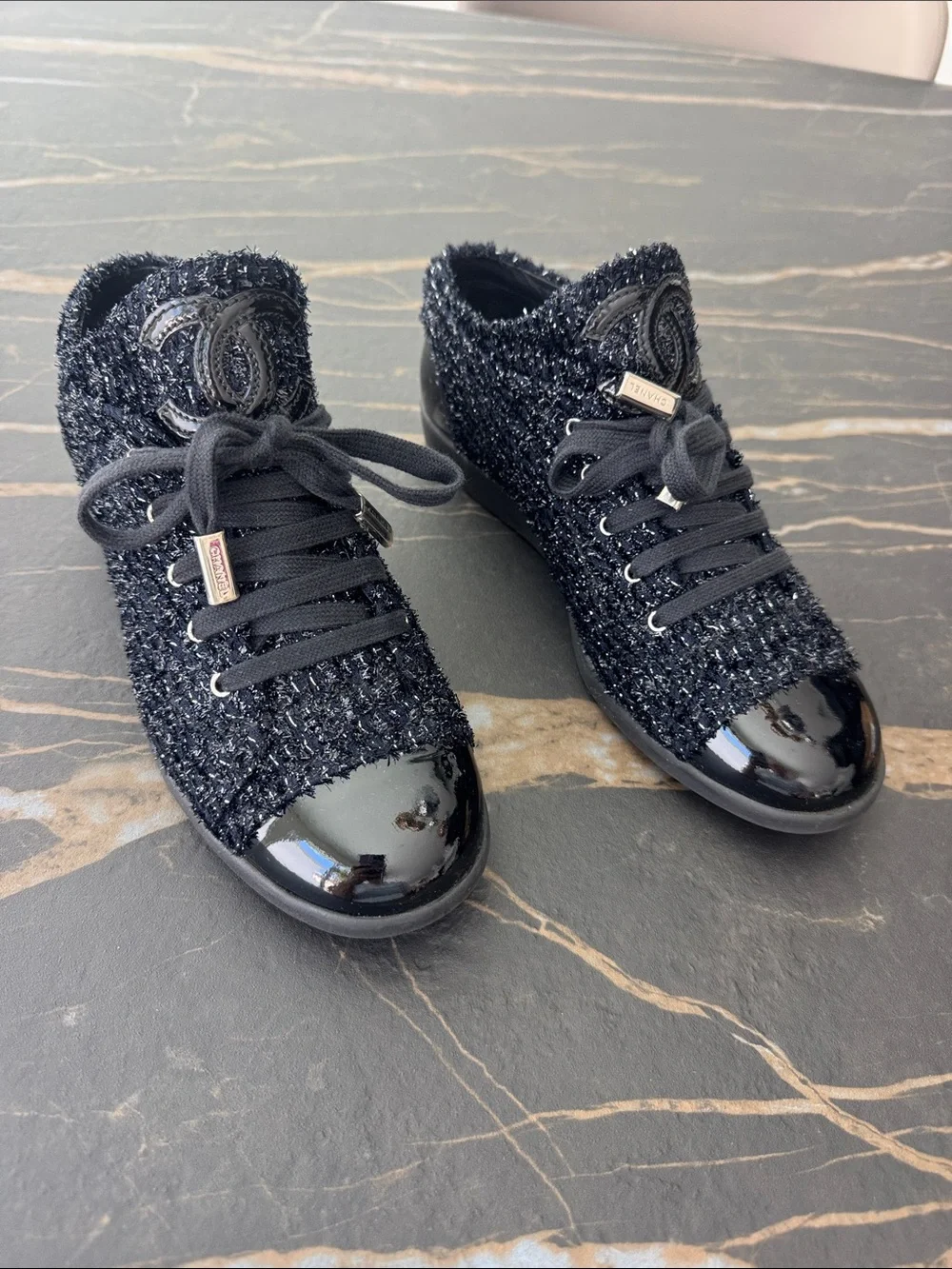 CHANEL Black Tweed & Patent Cap-Toe Lace-Up Women's Sneakers